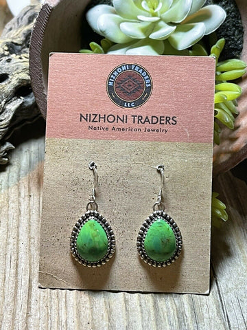 Beautiful Navajo Sterling Silver Dyed Kingman Turquoise Wire Dangle Earrings