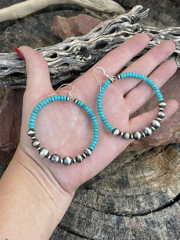 Stunning Blue Turquoise Sterling Hoop Earrings