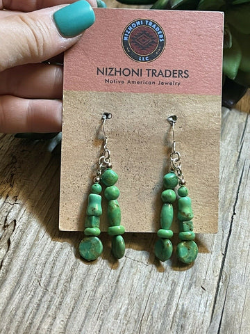 Beautiful Navajo Sterling Dyed Green Kingman Turquoise Multi Bead Earrings