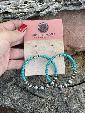 Stunning Blue Turquoise Sterling Hoop Earrings