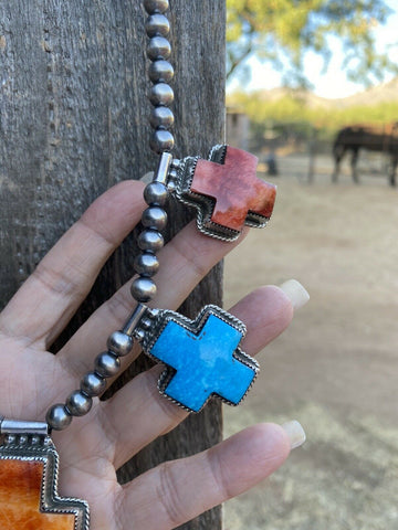 Buffalo Dancer Kingman Turquoise Cross Necklace | Unique Beaded Design