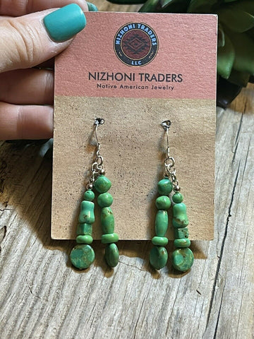 Beautiful Navajo Sterling Dyed Green Kingman Turquoise Multi Bead Earrings