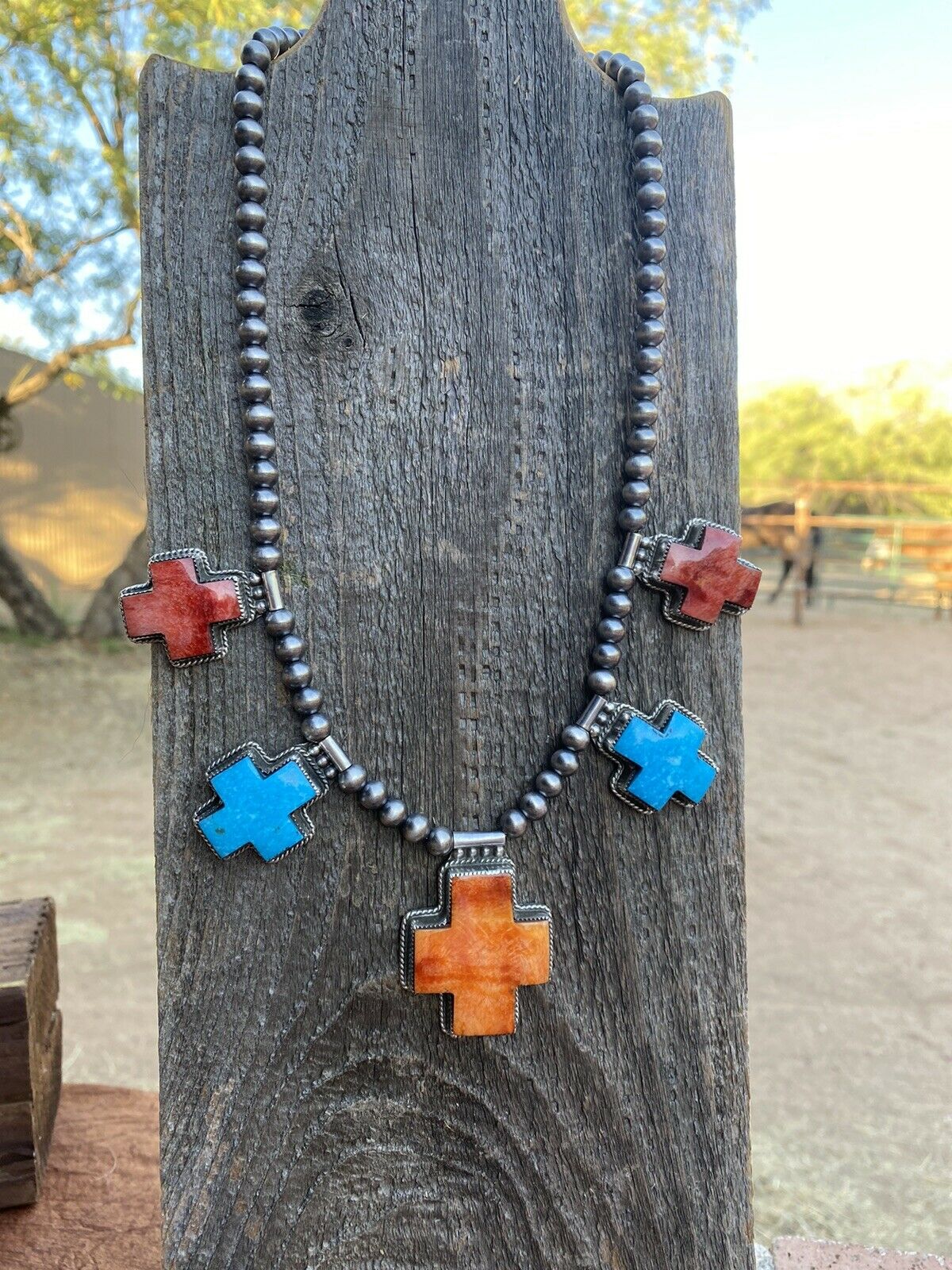 Buffalo Dancer Kingman Turquoise Cross Necklace | Unique Beaded Design