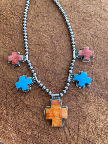 Buffalo Dancer Kingman Turquoise Cross Necklace | Unique Beaded Design