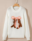 Western Bow Boots Embroidered Drop Shoulder Sweater