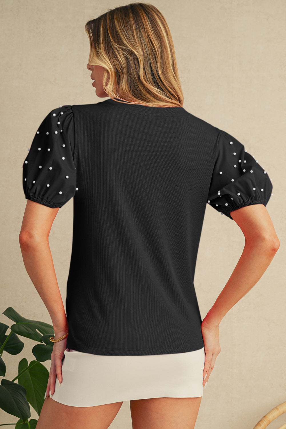 Pearl Beaded Puff Sleeve Ribbed Top