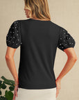Pearl Beaded Puff Sleeve Ribbed Top