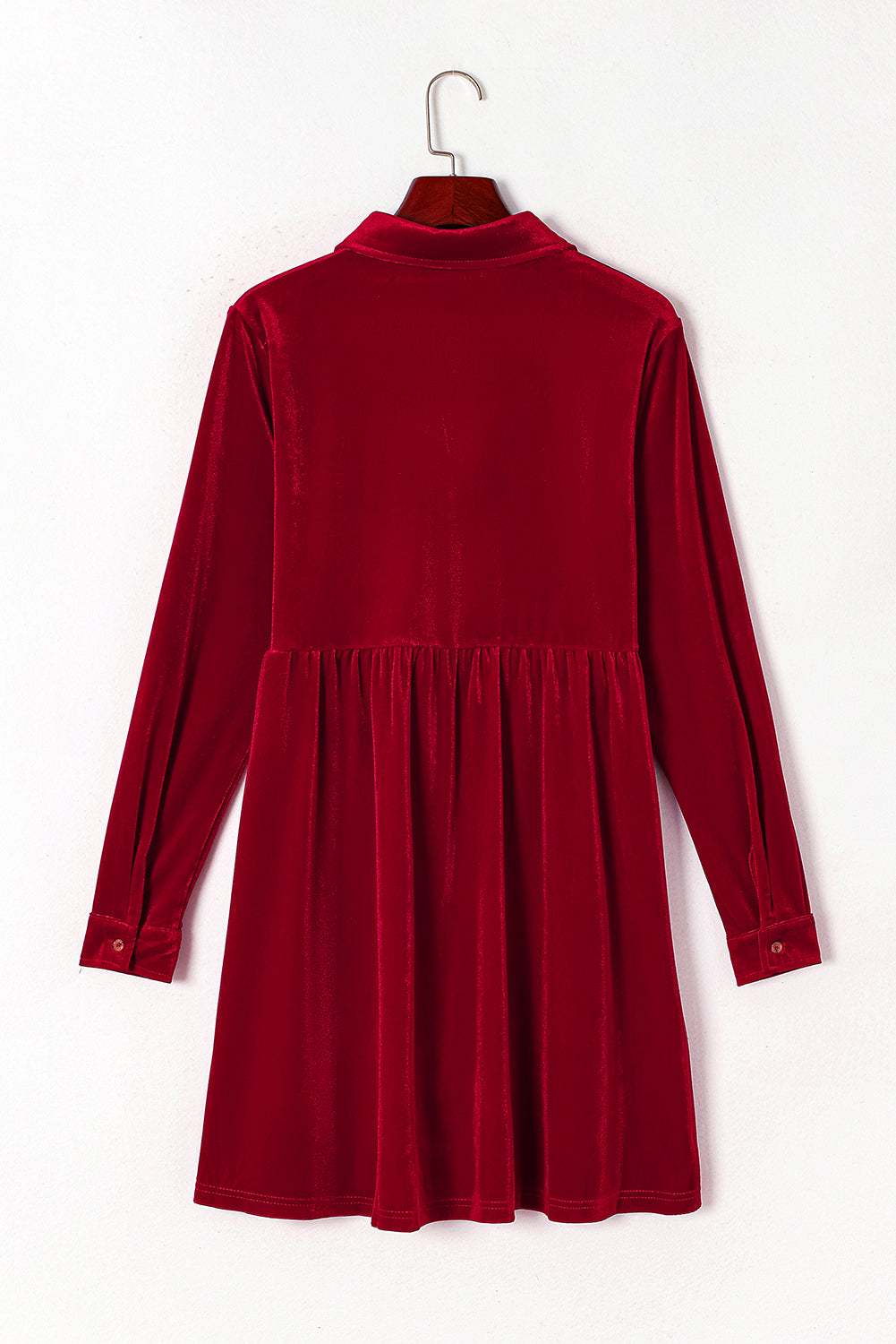 Velvet Button-Up Long Sleeve Ruffle Dress