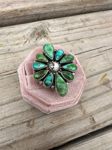 Handmade Sonoran Mountain Turquoise, White Buffalo & Sterling Silver Adjustable Ring