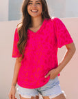 Laurel Leopard Frilly V Neck Short Sleeve Blouse