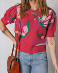 Floral Abstract Short Puff Sleeve Sweater