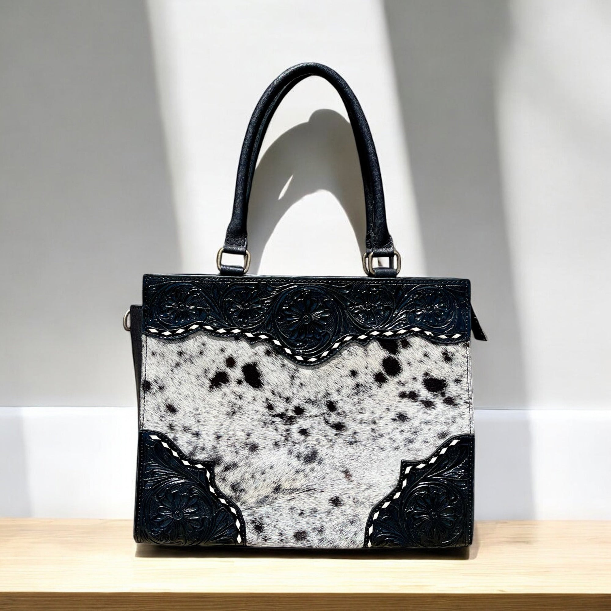 Black cowhide &amp; tooled leather Crossbody purse