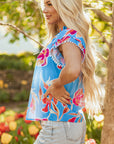 Vada Floral Pompom Trim Flutter Sleeve Blouse
