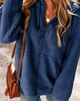 Solid Fleece Zip-Up Drawstring Pocketed Hooded Jacket