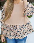 Beige Faux Two Piece Knit Patchwork Floral Print Plus Size Top