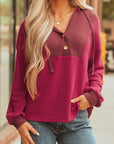 Waffle Patchwork Drop Shoulder Long Sleeve Hooded Top
