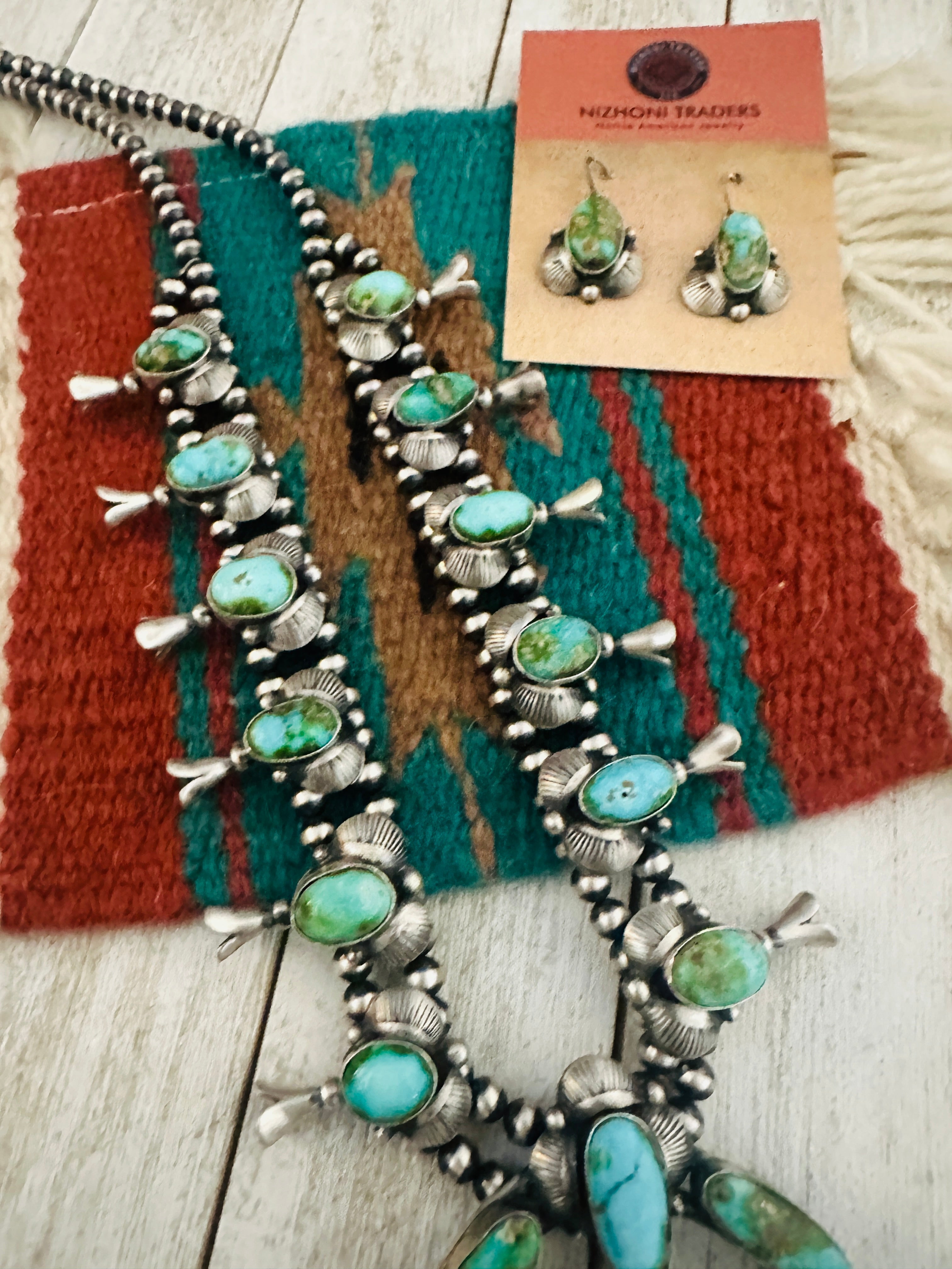 Navajo Sonoran Mountain Turquoise & Sterling Silver Squash Blossom Necklace Set