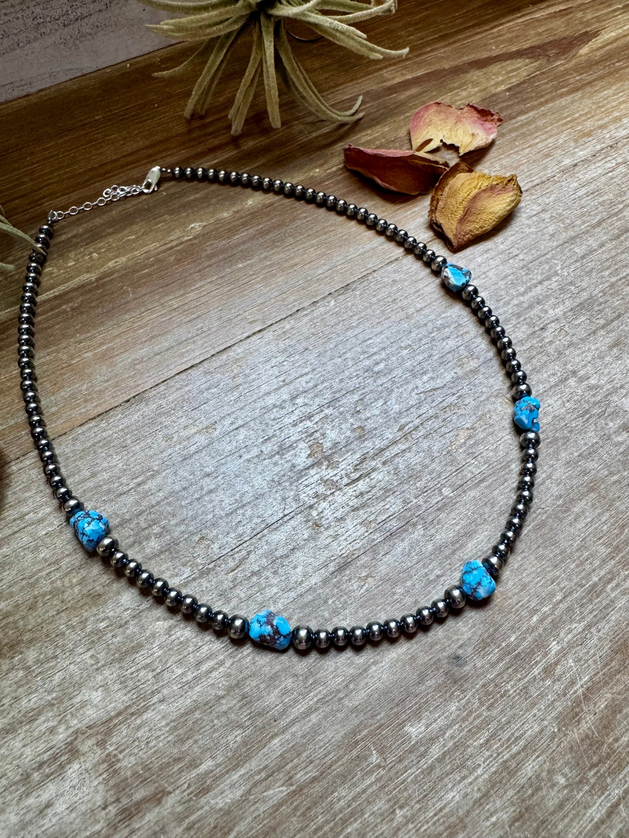 Golden Hill Turquoise &amp; Sterling Silver Pearl Necklace – 16&quot; + Extender