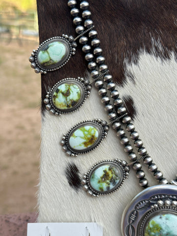 Navajo Sterling Silver Palomino Turquoise Squash Blossom Jewelry Set