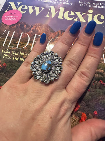 Handmade Sterling Silver Golden Hills Turquoise Adjustable FLOWER Ring Signed Nizhoni TEARDROP