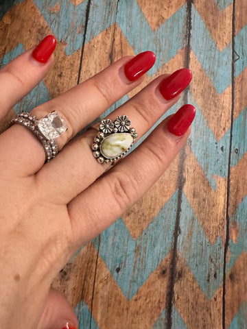 Beautiful Handmade Palomino Turquoise And Sterling Silver Adjustable Flower Ring