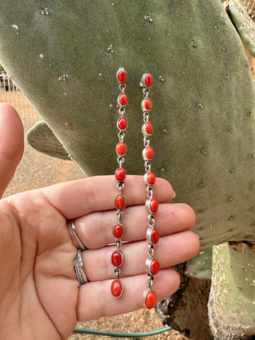 Cassidy Collection Handmade  Natural Coral and Sterling Silver Dangles 9 stone