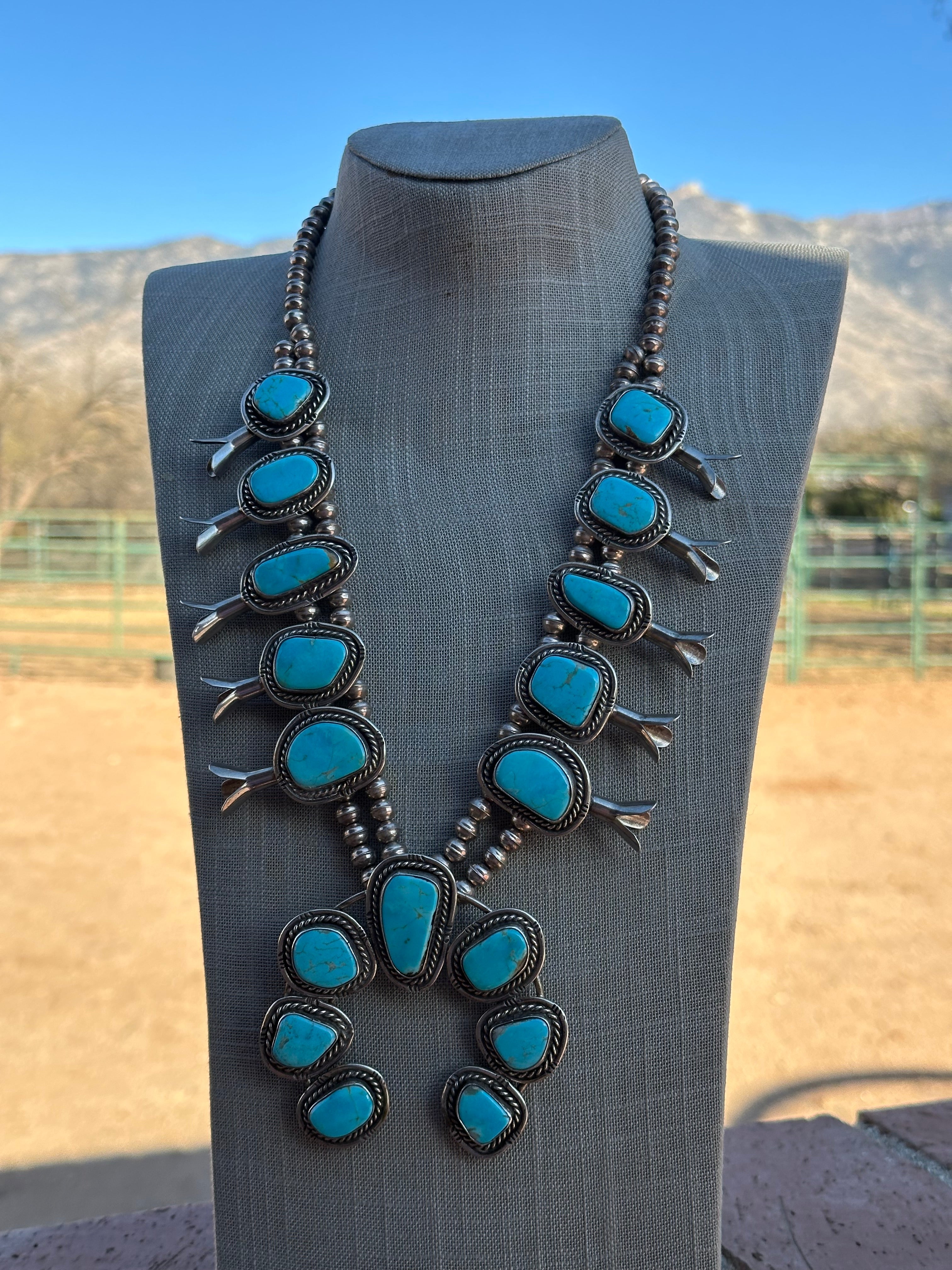 Estate Collection Old Pawn Navajo Turquoise & Sterling Silver Squash Blossom Necklace