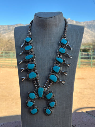 Estate Collection Old Pawn Navajo Turquoise & Sterling Silver Squash Blossom Necklace