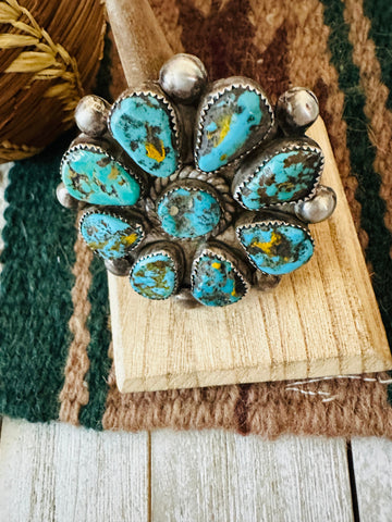 Old Pawn Navajo Sterling Silver & Turquoise Cluster Ring Size 7.25