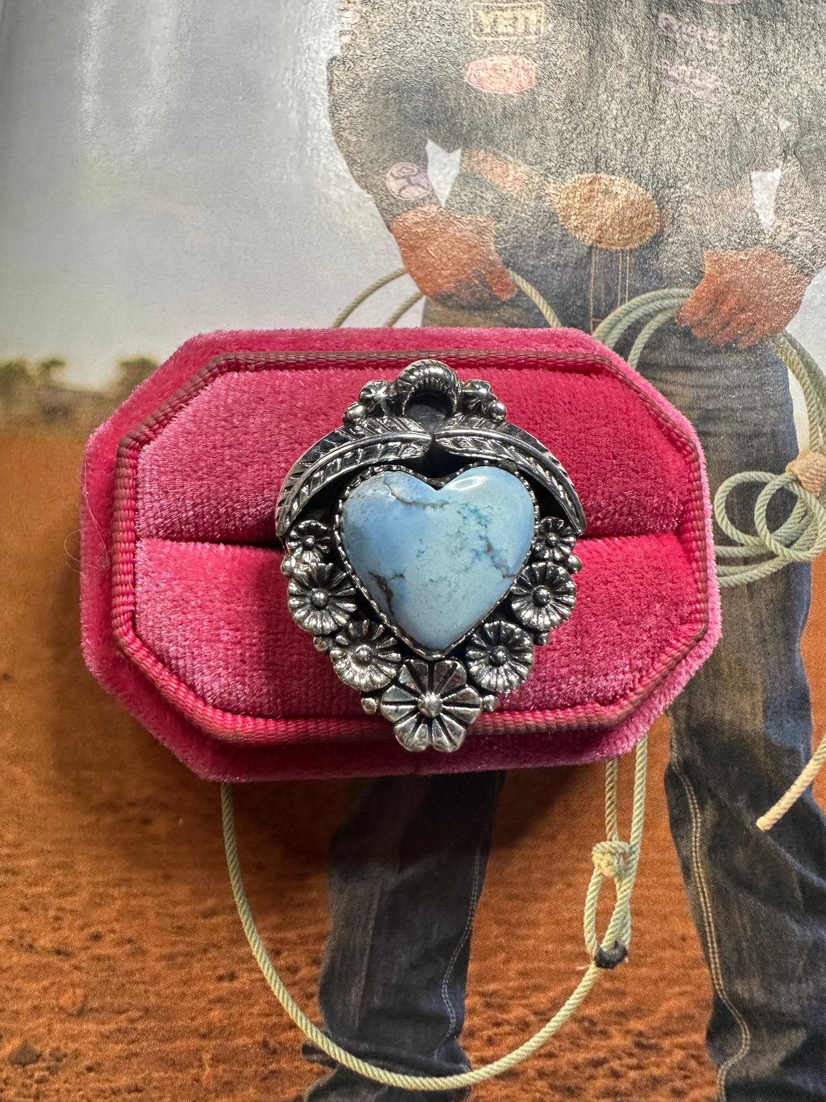 Handmade Golden Hills Turquoise & Sterling Silver Adjustable Heart Ring