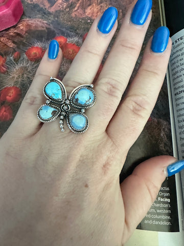 Handmade Butterfly Golden Hills Turquoise & Sterling Adjustable Ring