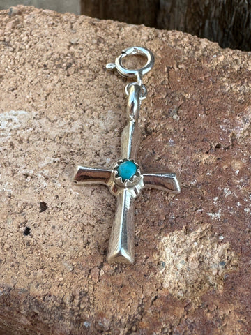 Navajo Crafted Sterling Silver and Turquoise Hand Stamped Cross Charm