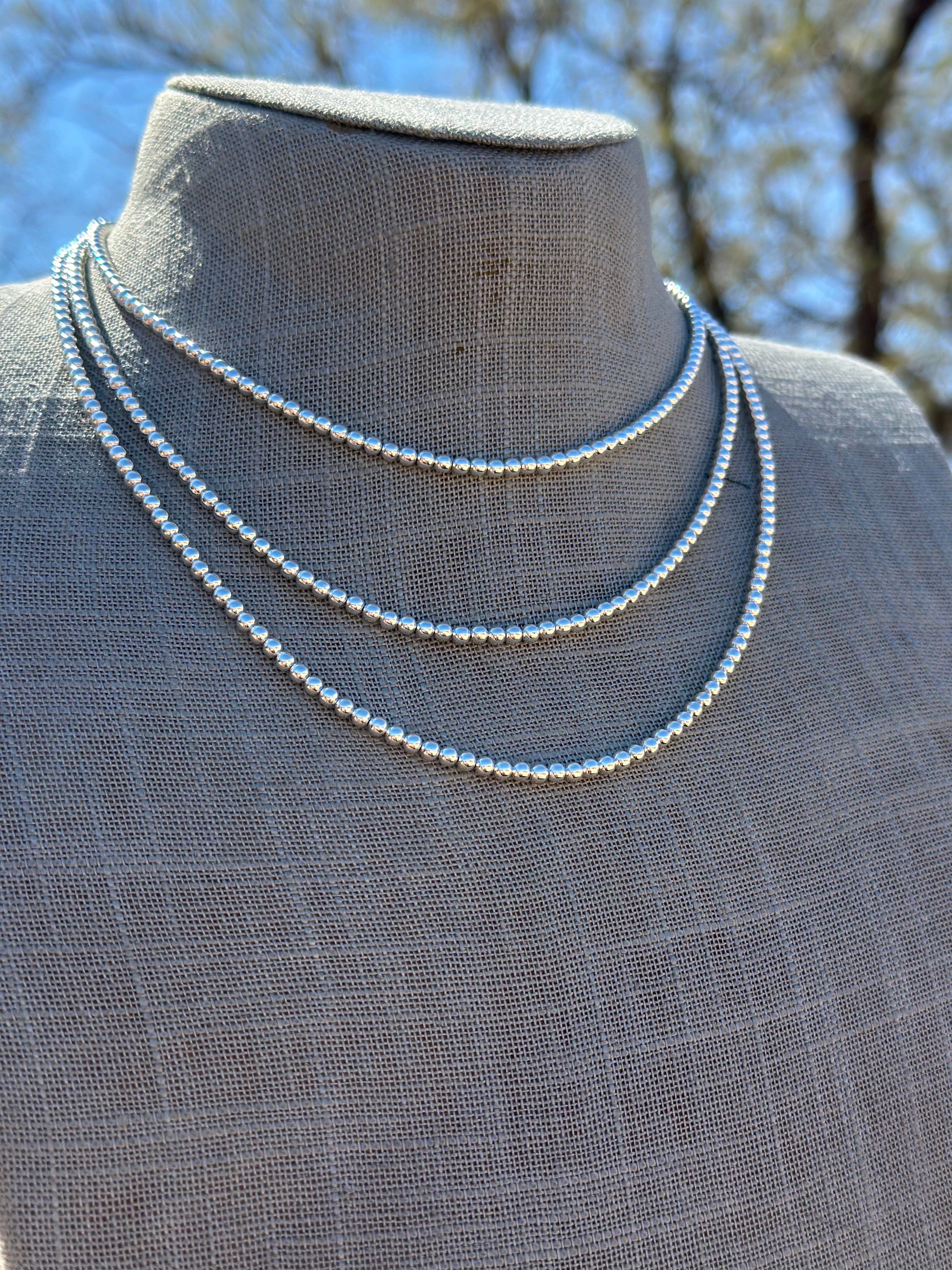 Sterling Silver Elegant Navajo Pearl Style Beaded Necklace 3mm