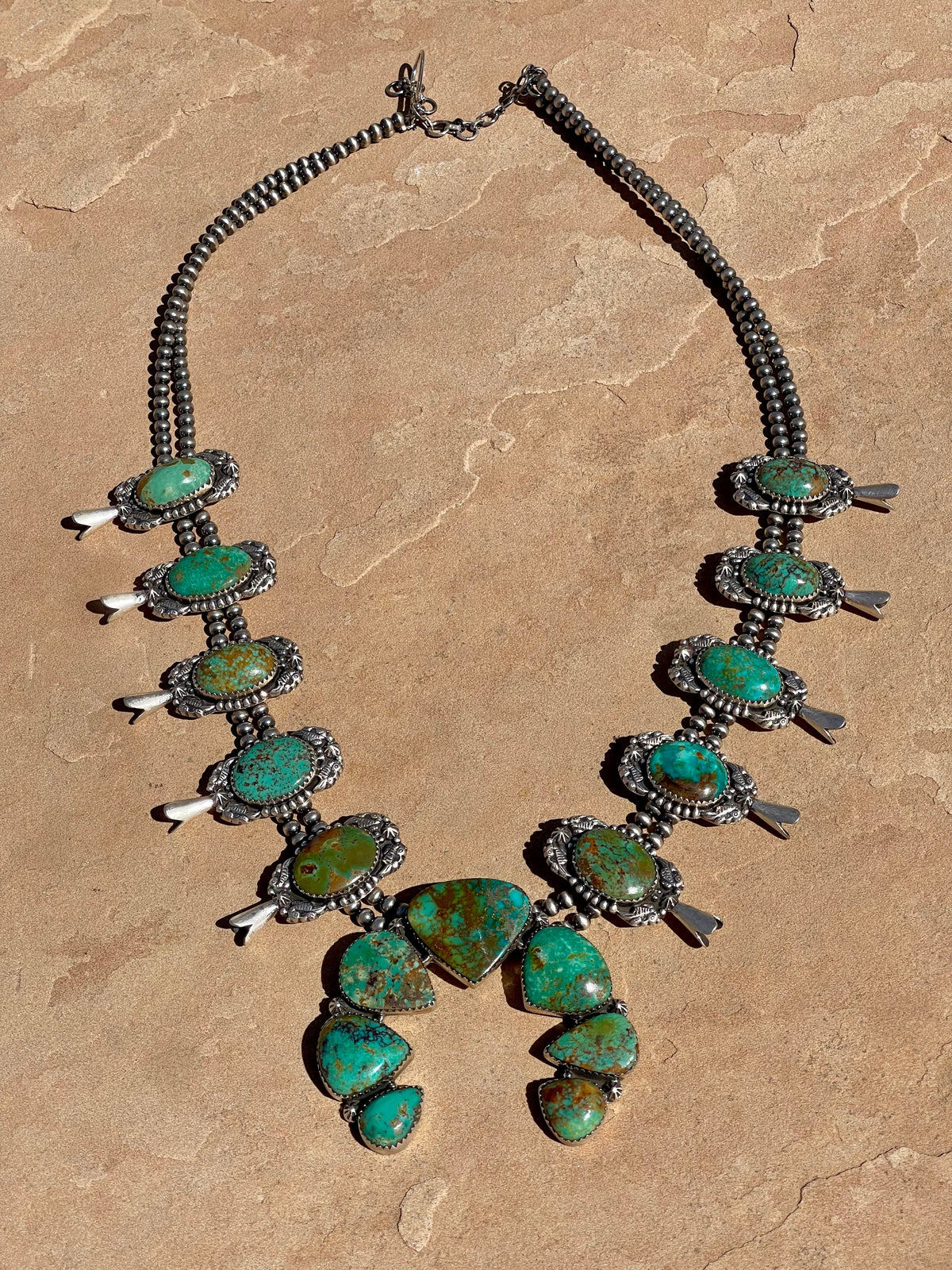 Handmade Sterling Silver & Royston Squash Blossom Necklace