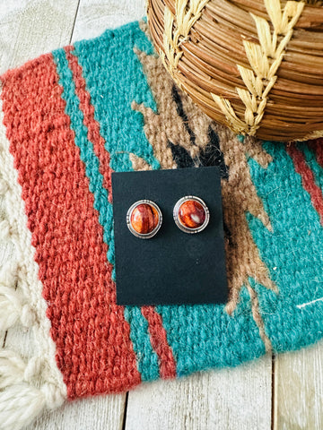 Navajo Sterling Silver & Orange Spiny Stud Earrings