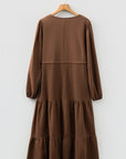 Solid Buttoned V-Neck Long Sleeve Tiered Maxi Dress