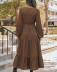 Solid Buttoned V-Neck Long Sleeve Tiered Maxi Dress
