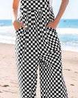Black Checkered Print Pocketed Wide Leg Jumpsuit