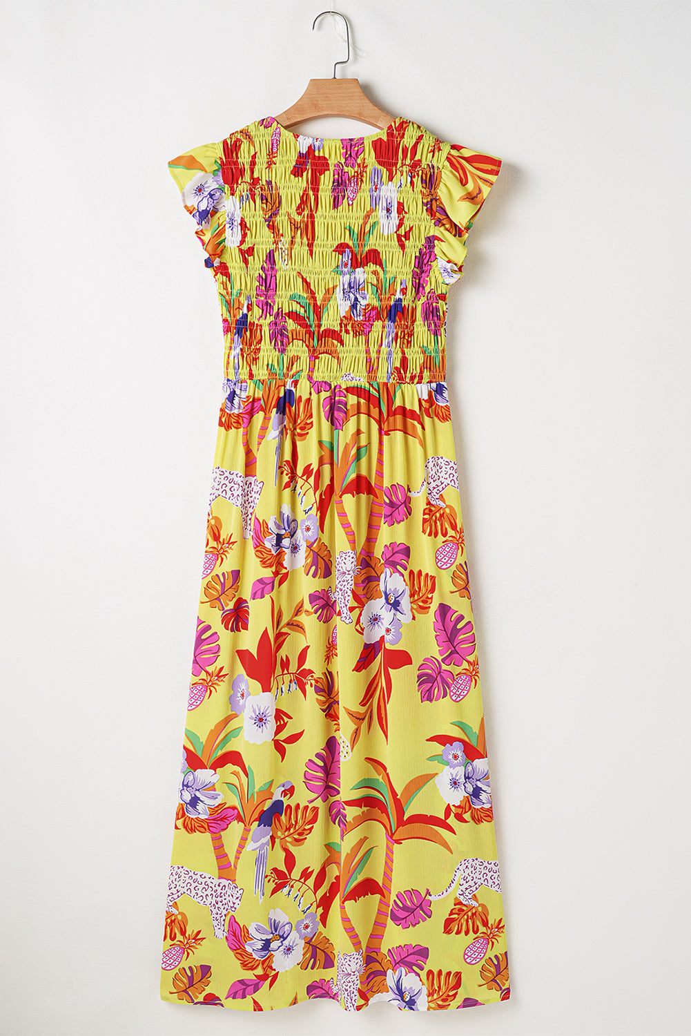 Dani Cheetah Plant Shirred Button V Neck Maxi Dress
