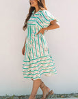 Billie Striped Floral Tie Split Neck Puff Sleeve Midi Dress