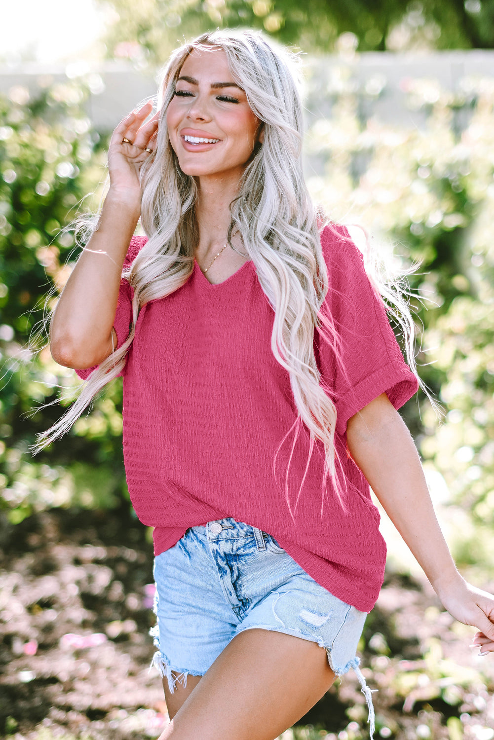 Siena Textured Rolled Sleeve V Neck Tee