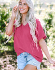 Siena Textured Rolled Sleeve V Neck Tee