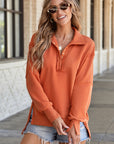 Solid Collared Drop Shoulder Side Slit Sweatshirt
