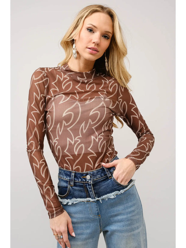 BOOT STITCH BROWN MOCK NECK | MESH TOP