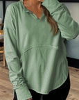 Solid V-Neck Raw Hem Long Sleeve Top