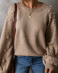Solid Pearl Drop Shoulder Round Neck Sweater