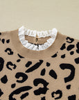 Plus Size Leopard Knit Lacy Trim Long Sleeve Sweater