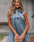 Chambray Bow Neck Sleeveless Ruffle Dress