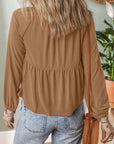 Solid Smocked Split V-Neck Buttoned Blouse