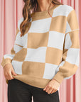 Checkered Bishop Sleeve Pullover Sweater